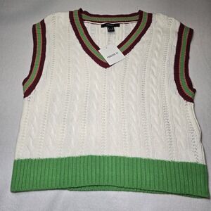 Forever 21 Women's Preppy Academia Varsity ‎ Cable Knit V-Neck Sweater Vest XS